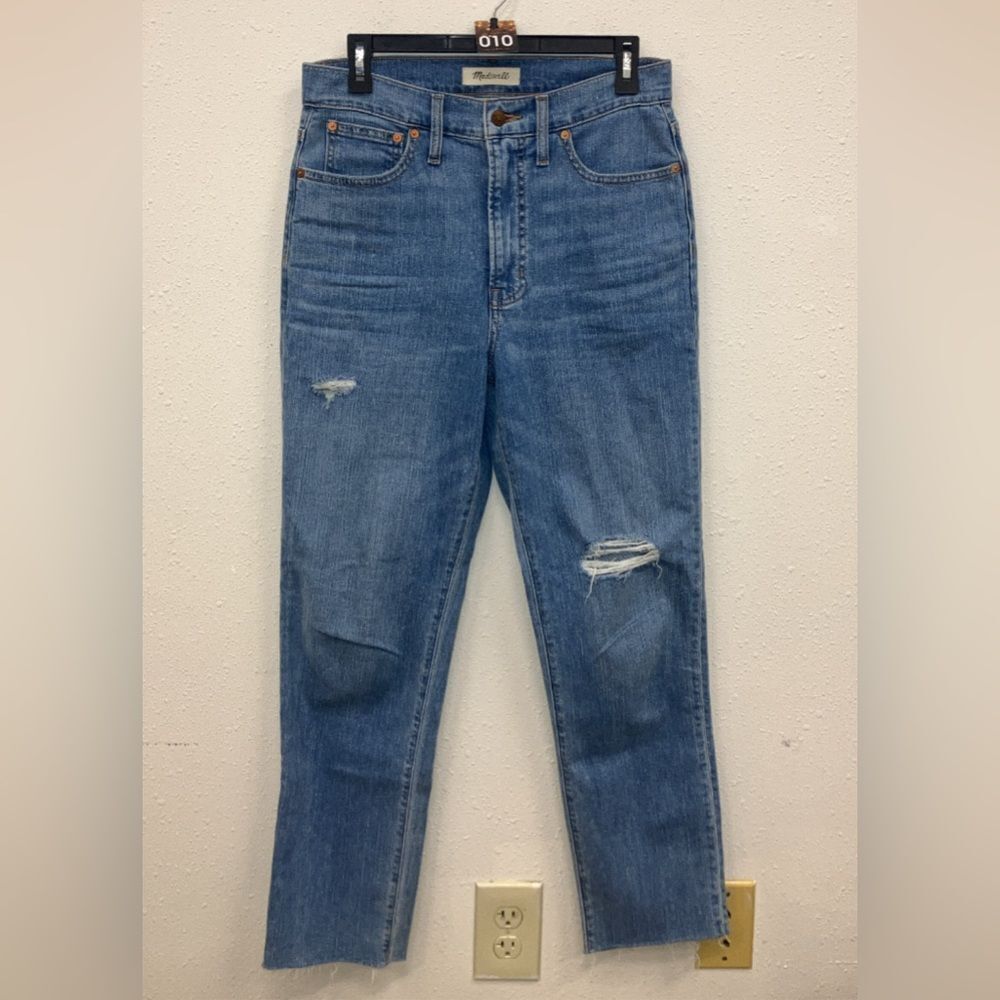 Madewell “The Perfect Vintage Jean” Classic Medium Wash Distressed Raw Hem Sz 28